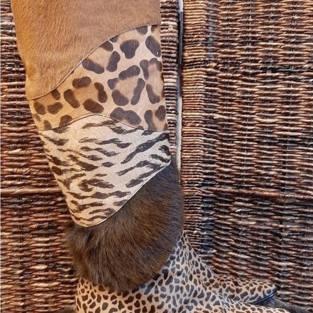 Walter Steiger Multitone Leopard & Zebra Print Fur-Trim Heeled Boots
